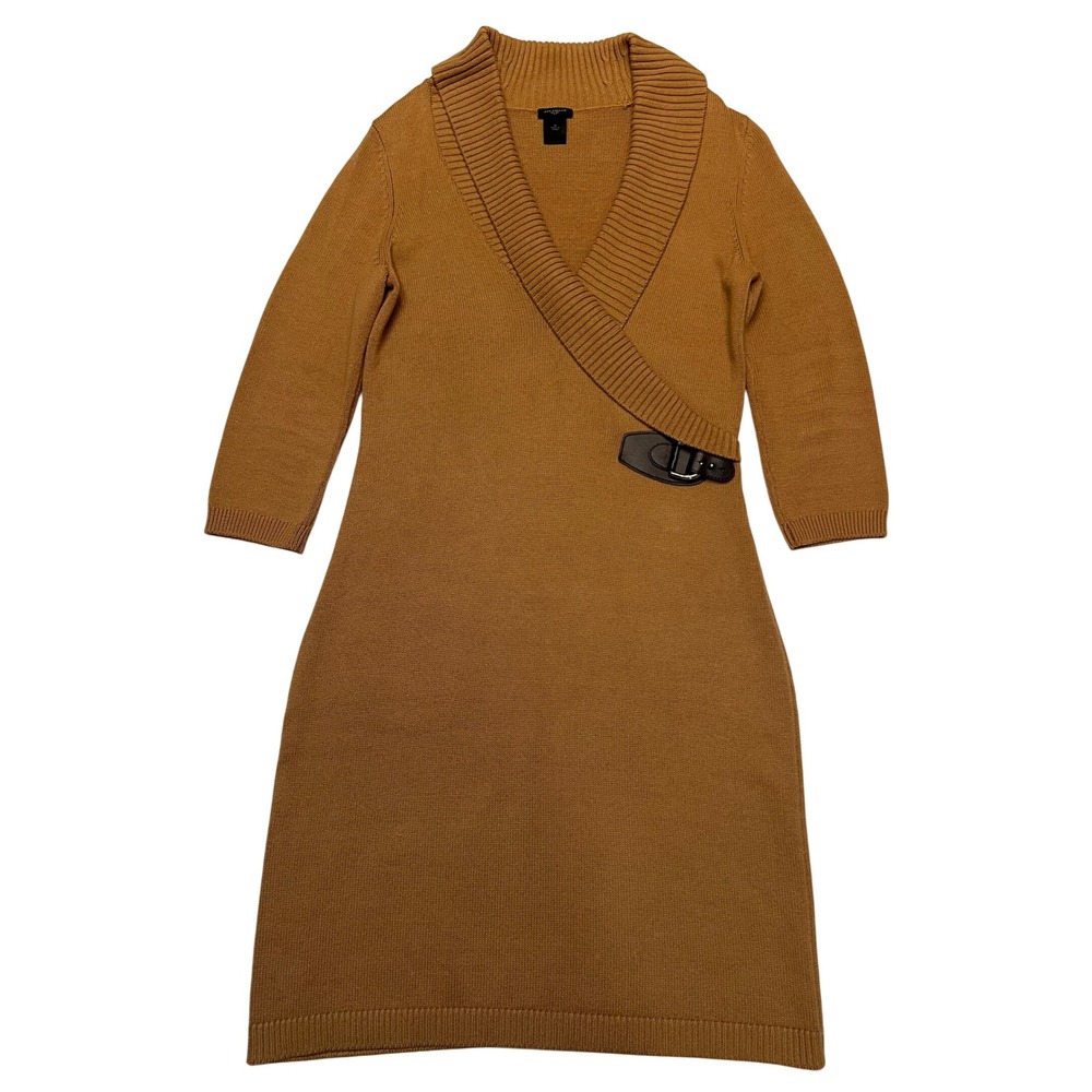 Ann Taylor Camel Classic Preppy Old Money Cotton Wrap Style Sweater Dress Size M